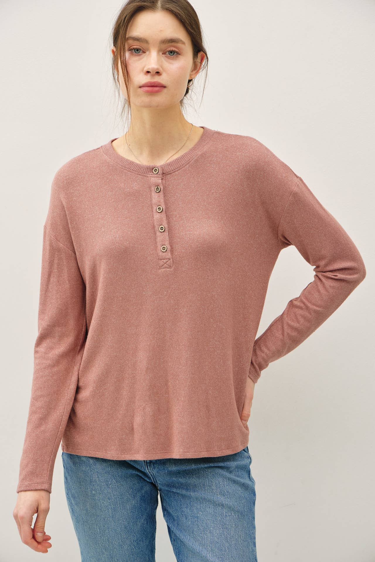 The Soft Oatmeal Button Top