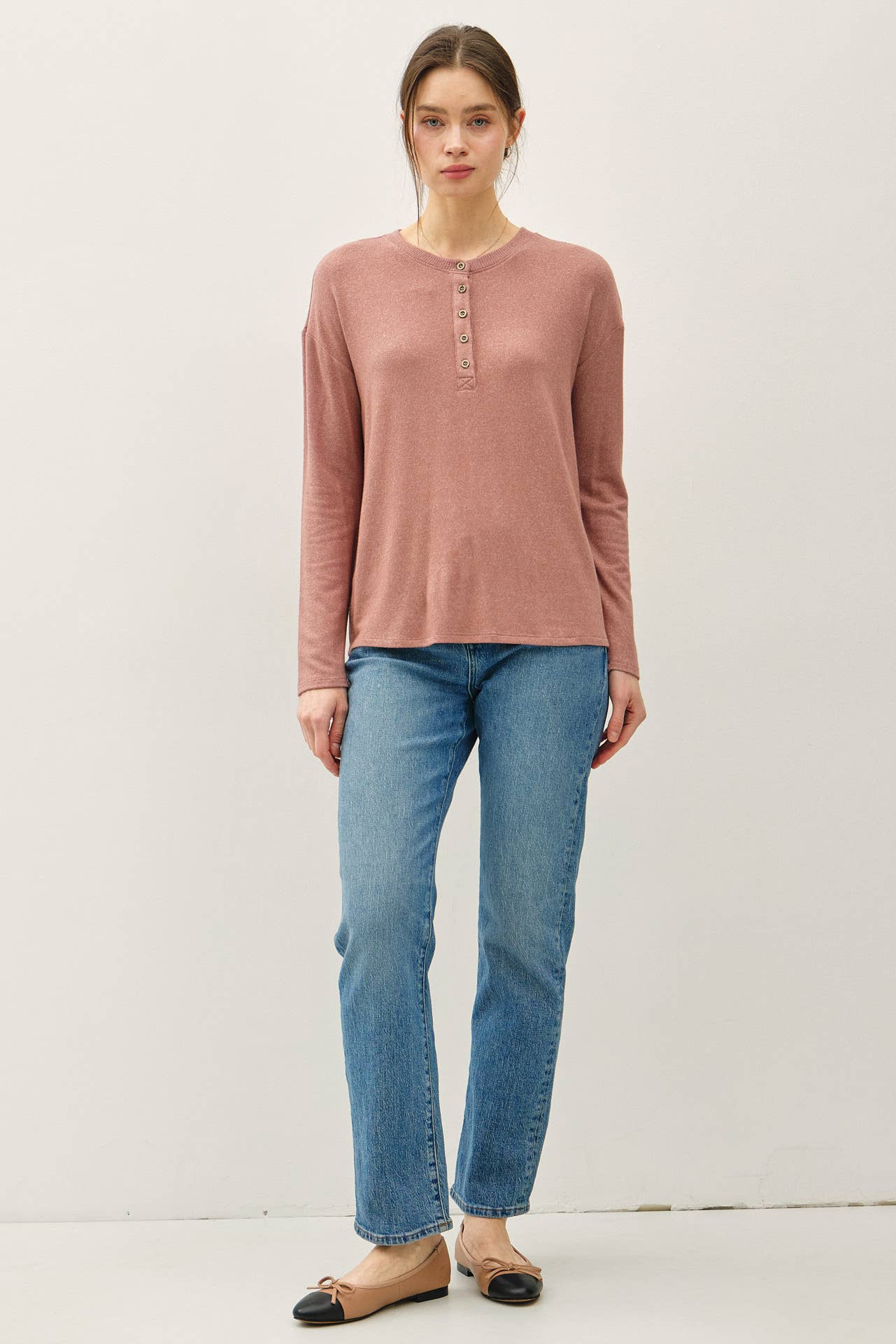 The Soft Oatmeal Button Top