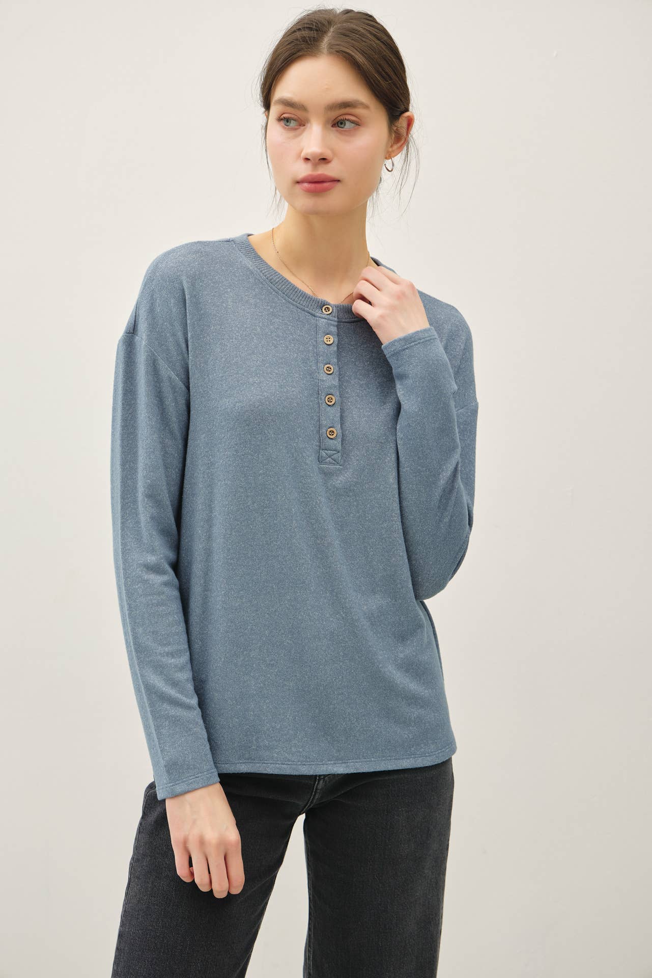 The Soft Oatmeal Button Top