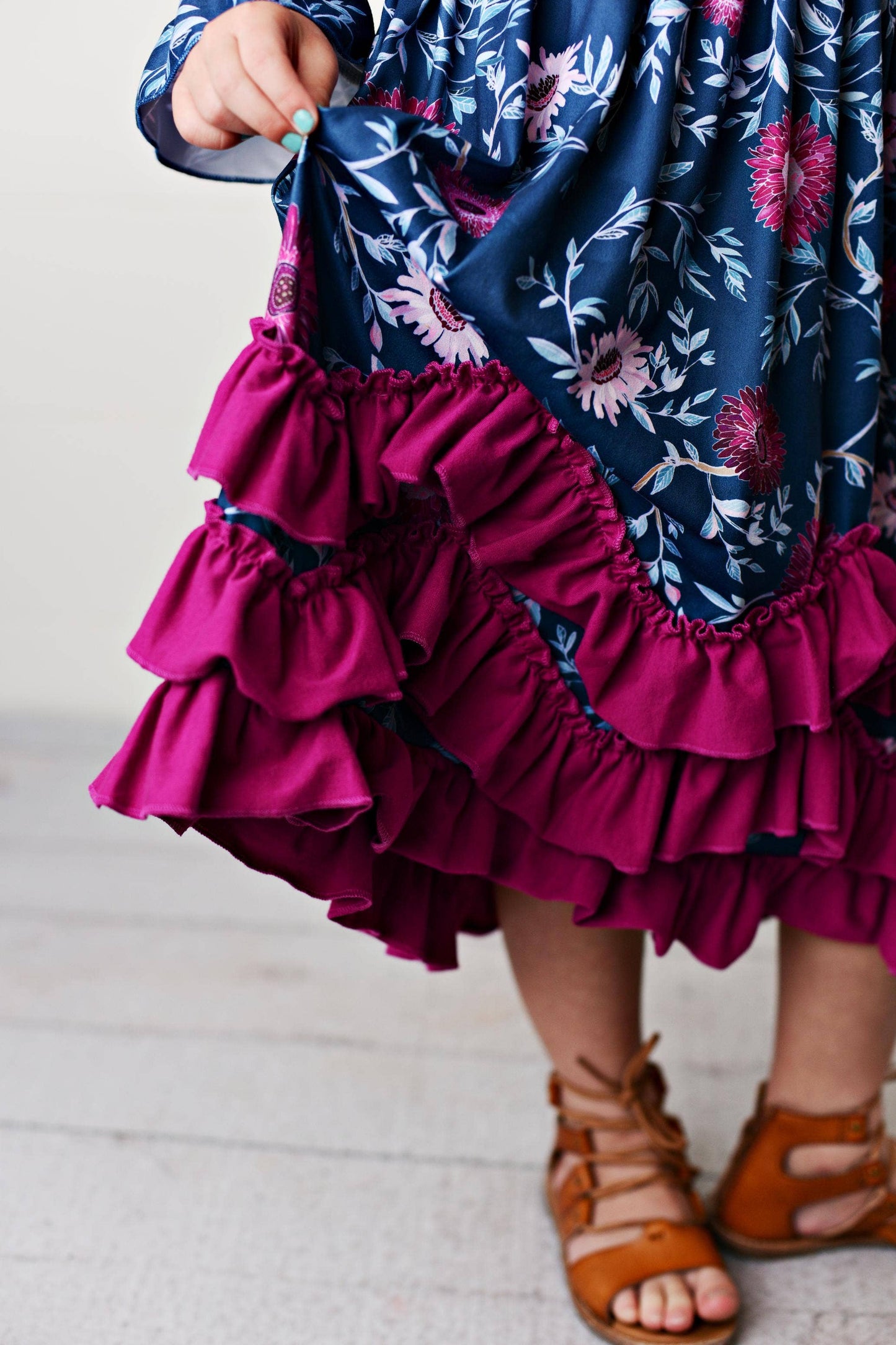 Kids Ruffle Dark Teal & Plum Floral Dress