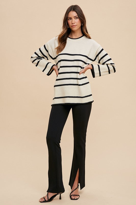 Annie Side Slit Striped Round Neck Sweater