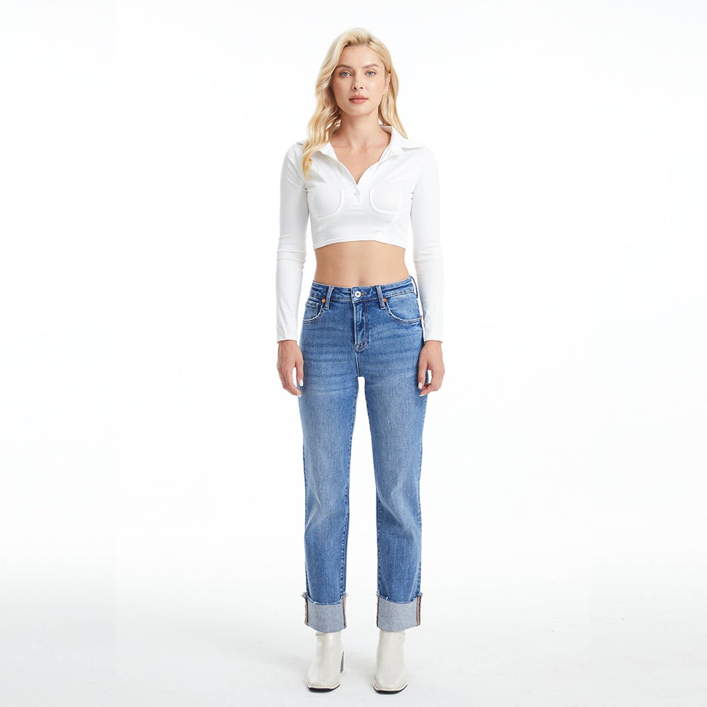 High Rise Straight Leg Denim Jeans with Rolled Hem