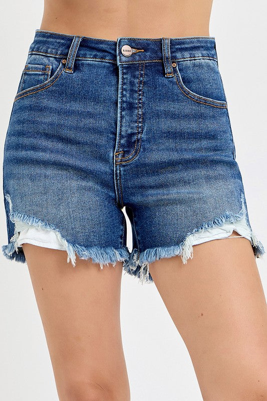 High Rise Side Step Hem Shorts