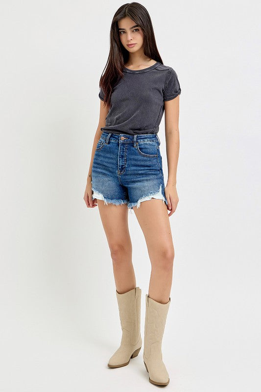 High Rise Side Step Hem Shorts