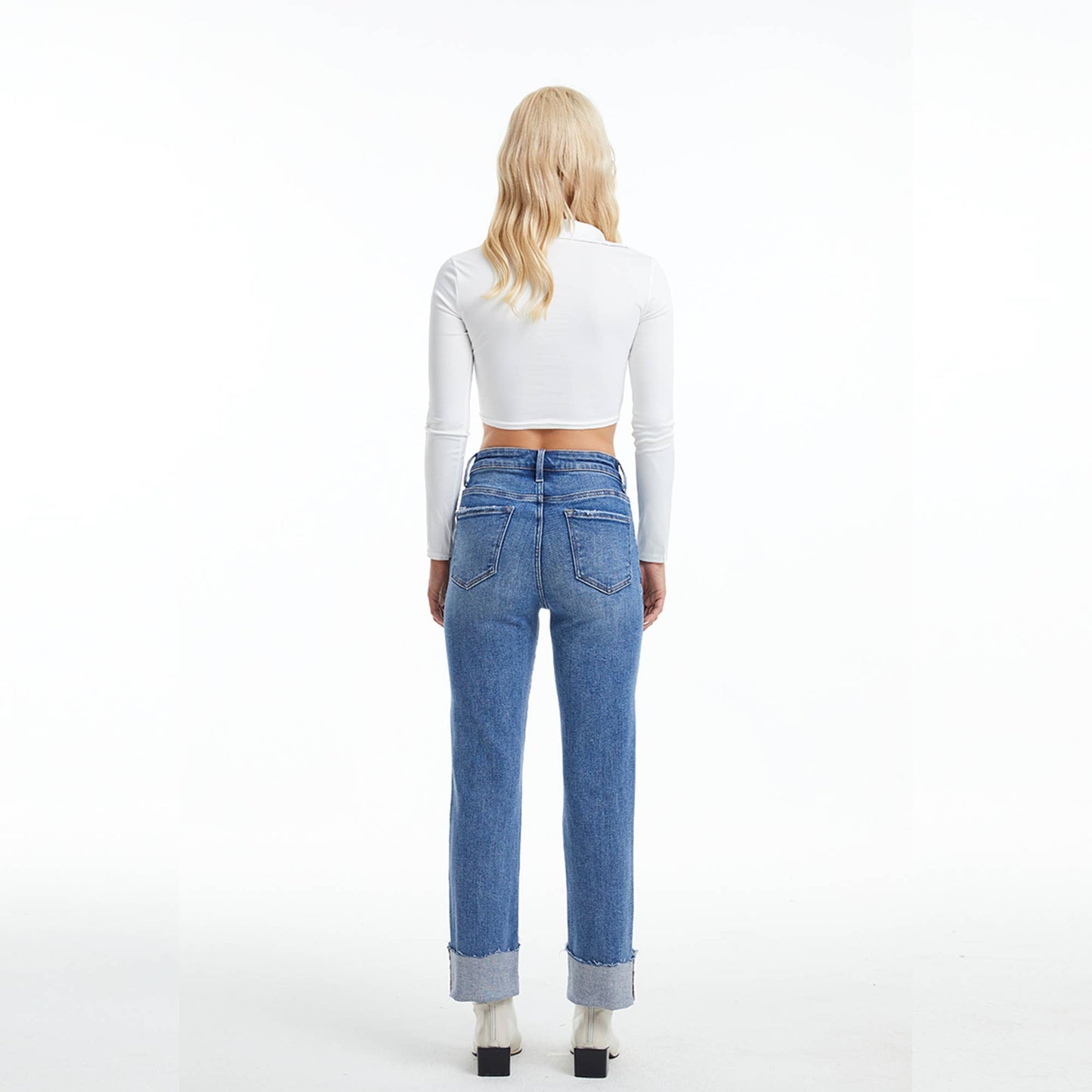 High Rise Straight Leg Denim Jeans with Rolled Hem