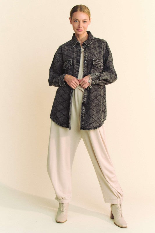 The Curved Hem Diamond Quilted Button Up Denim Shacket