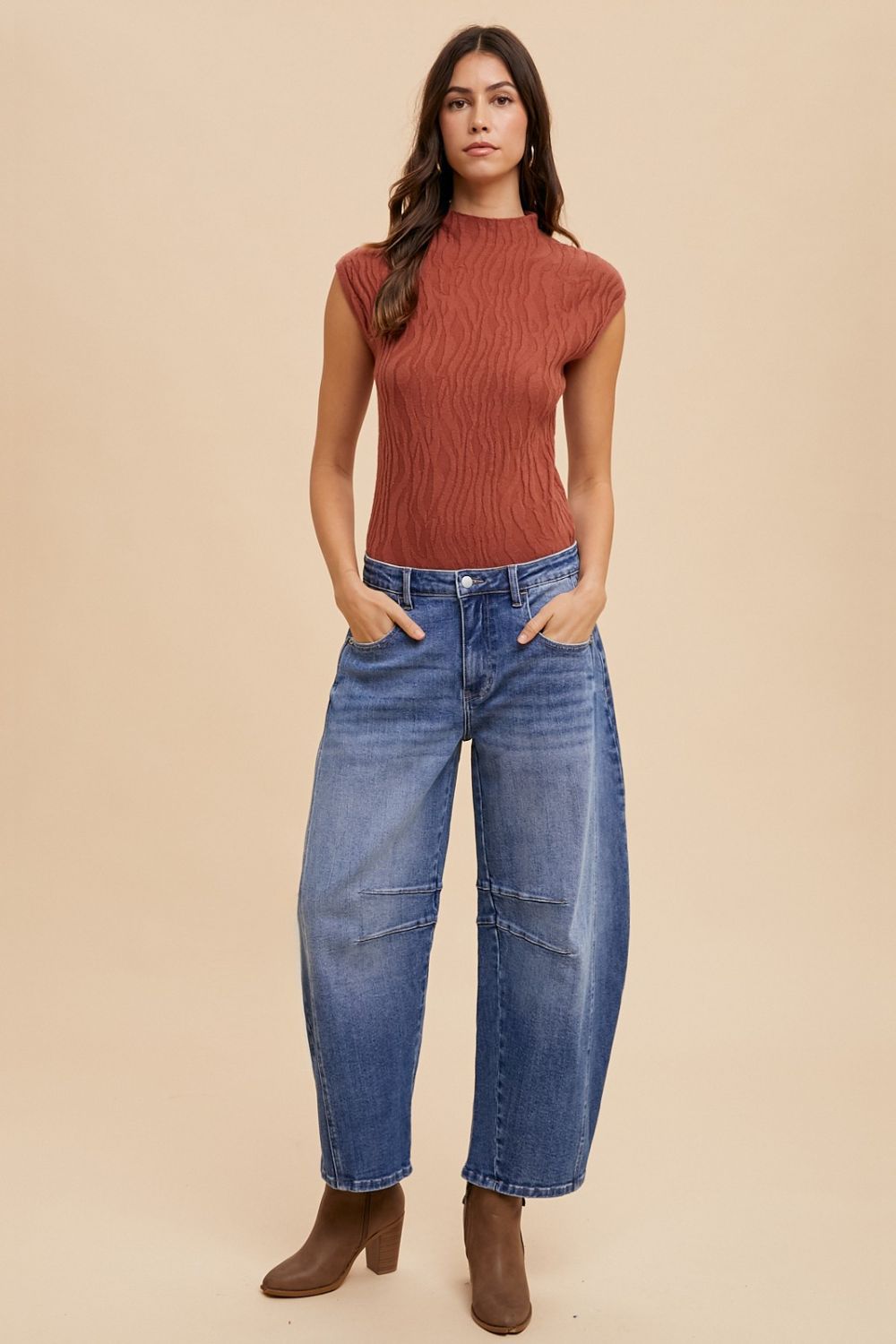 Mary Mid Rise Barrel Leg Jeans with Pockets
