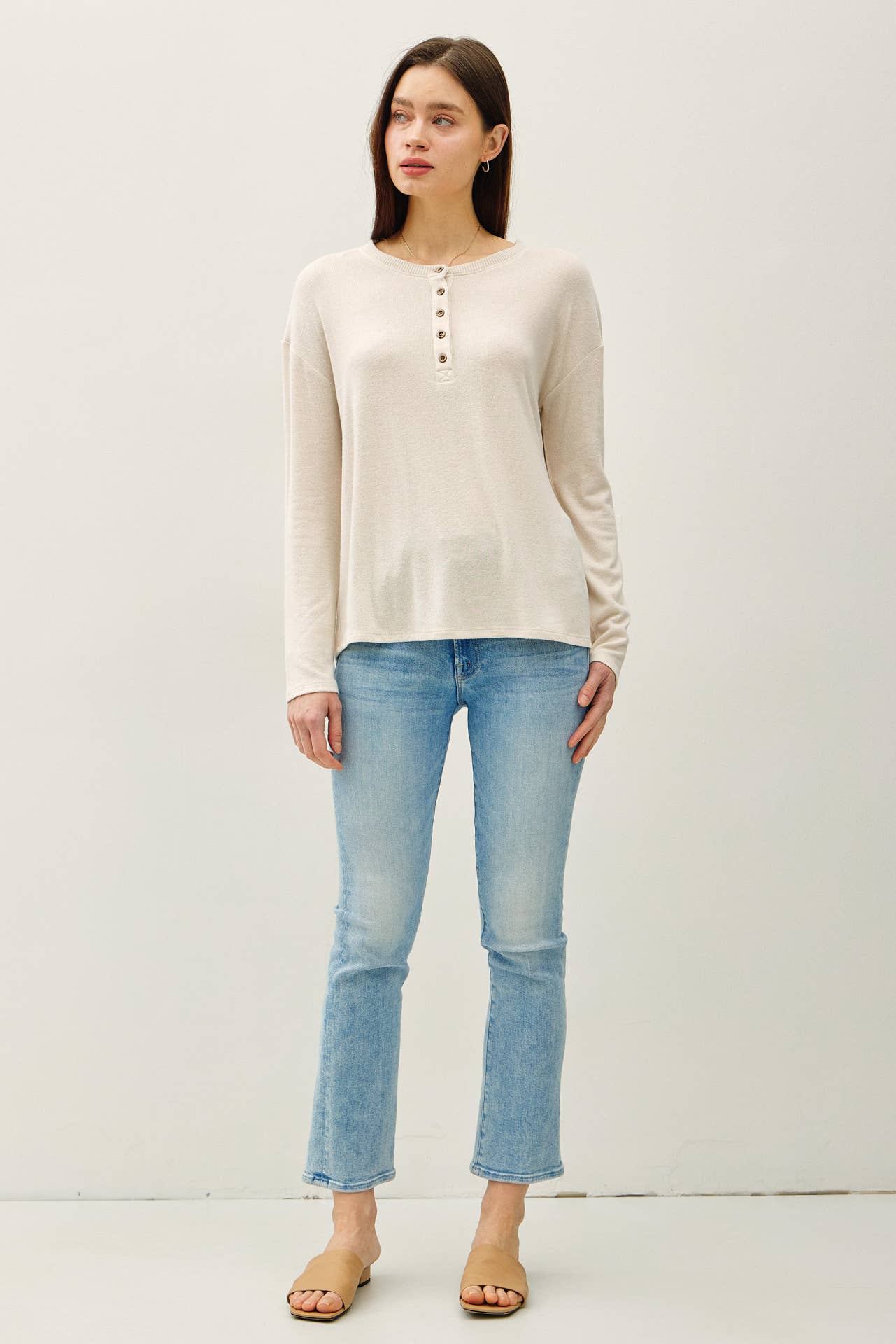 The Soft Oatmeal Button Top