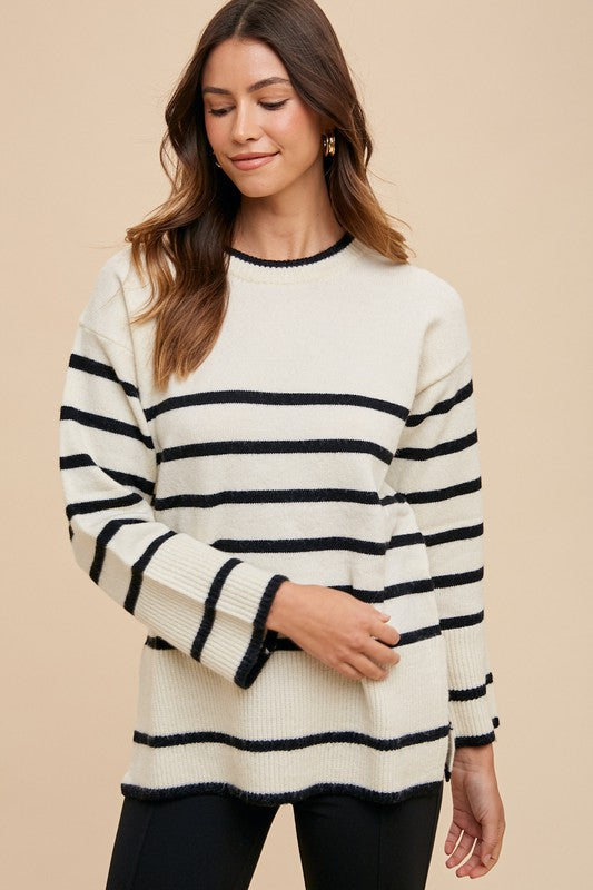 Annie Side Slit Striped Round Neck Sweater