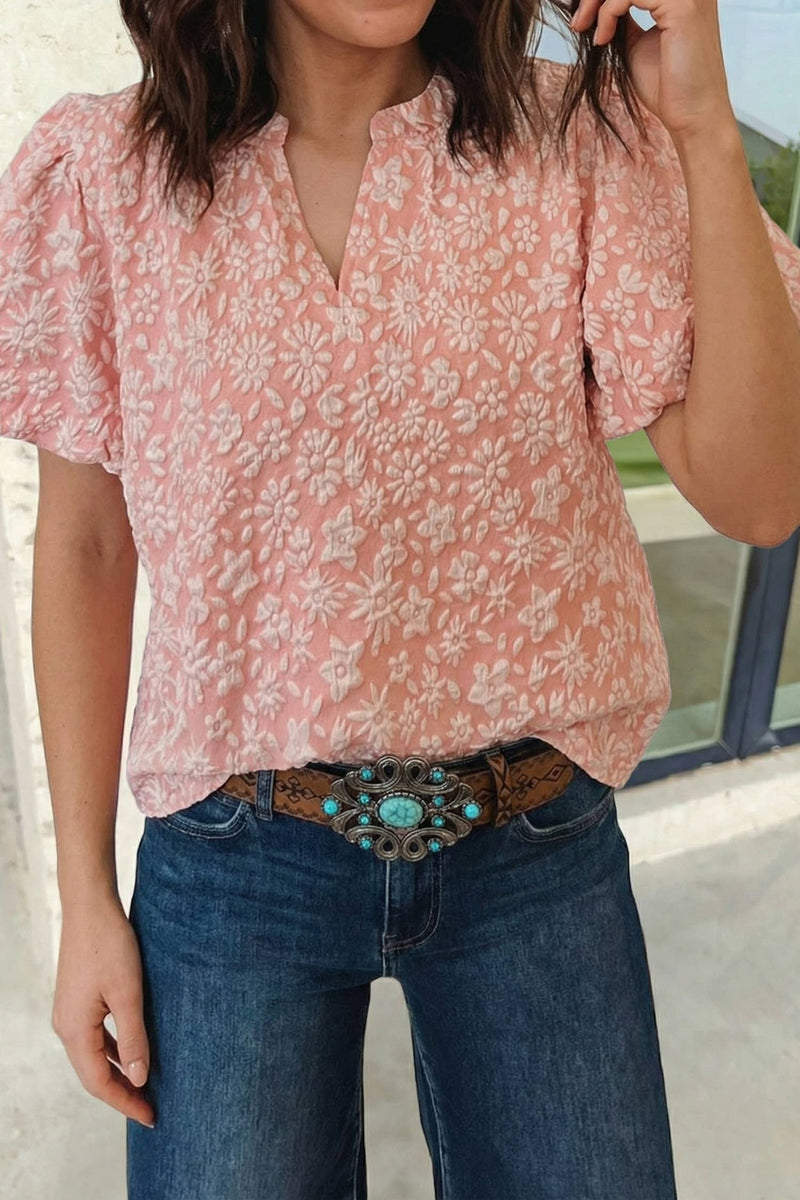 The Apricot Pink Floral Textured Puff Sleeve Blouse