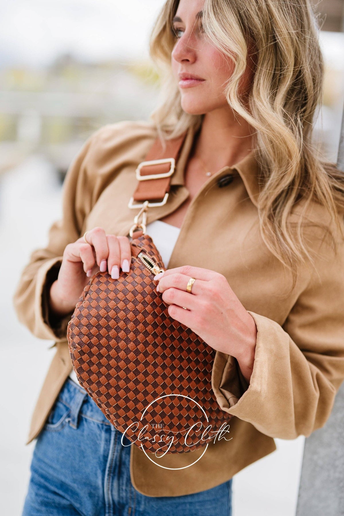 Willa Woven Bum Bag Crossbody in Brown & Tan Checkered