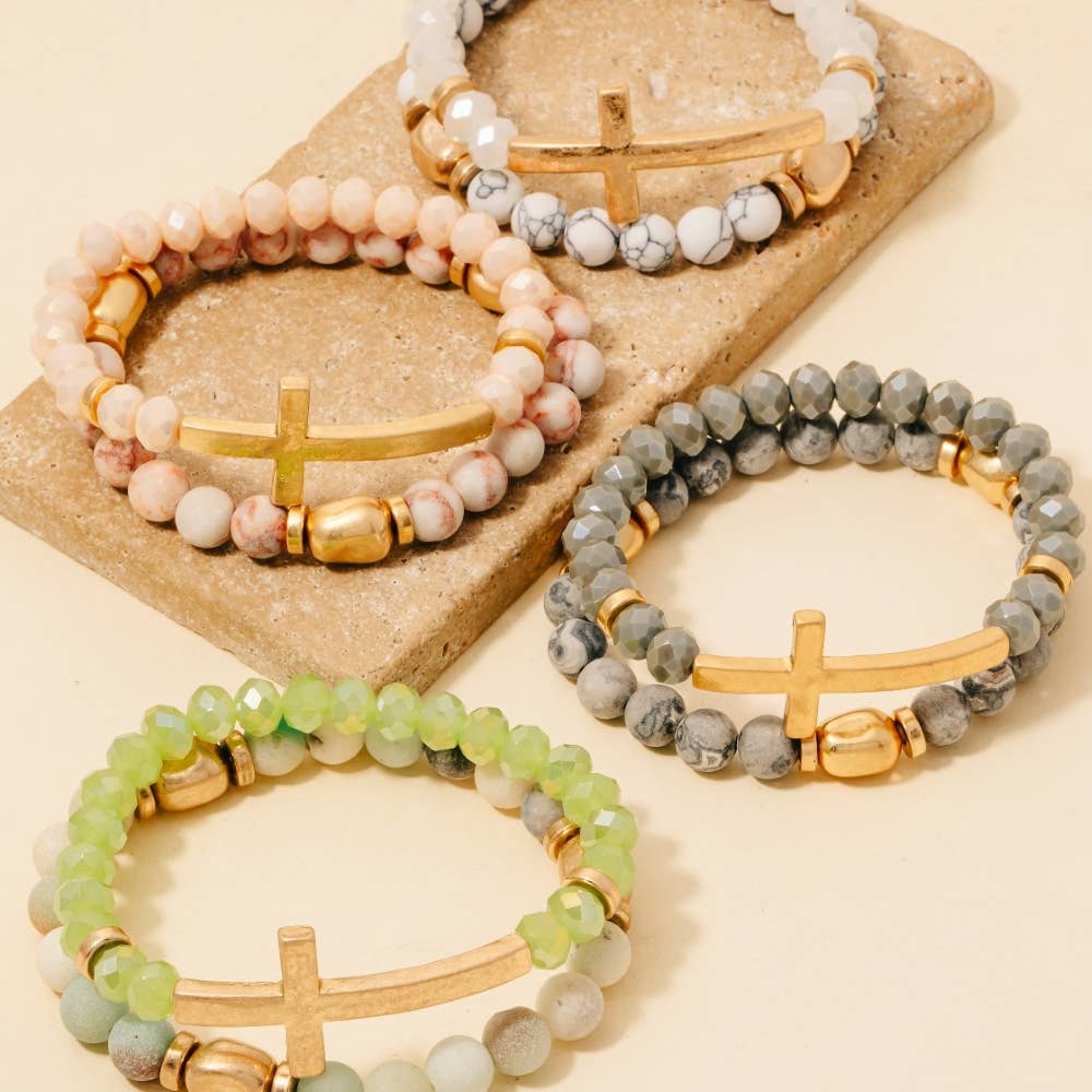 Cross Charm Stone Beaded Bracelet Set