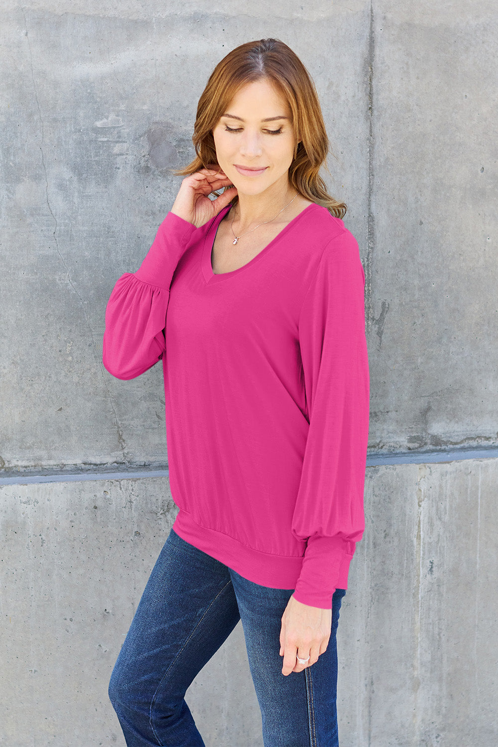 The Basic Bae Full Size V-Neck Lantern Sleeve Top