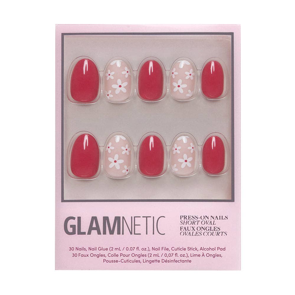 Red Blossom Press-On Nails Short Oval