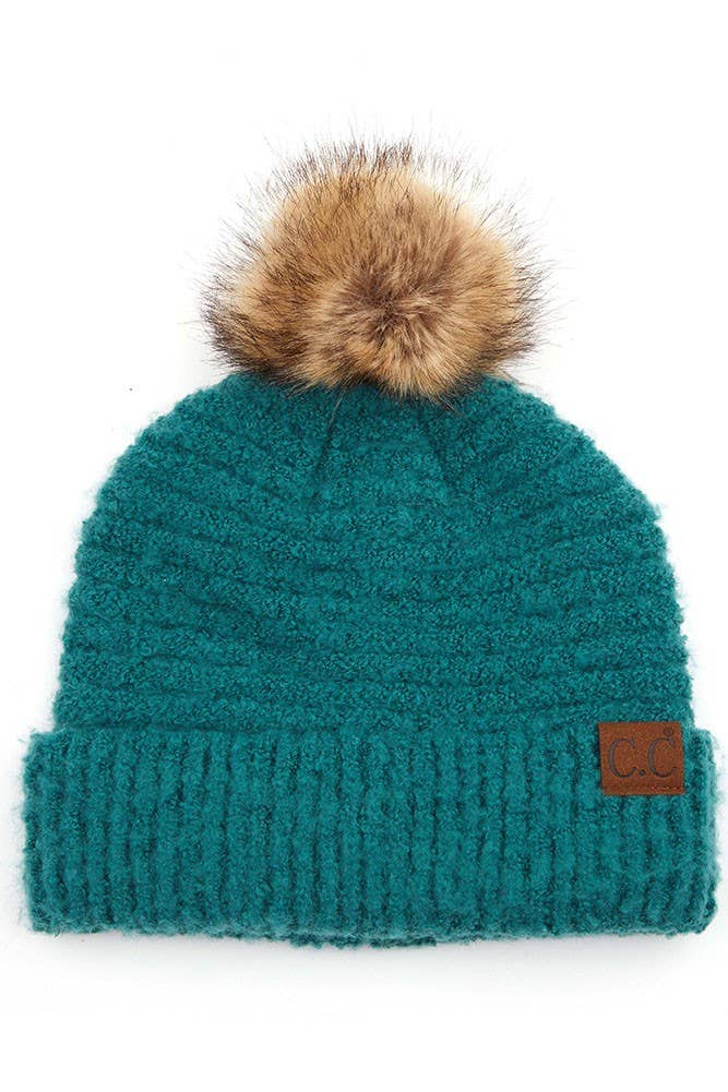C.C Solid Boucle Yarn Beanie Pom Winter Hat