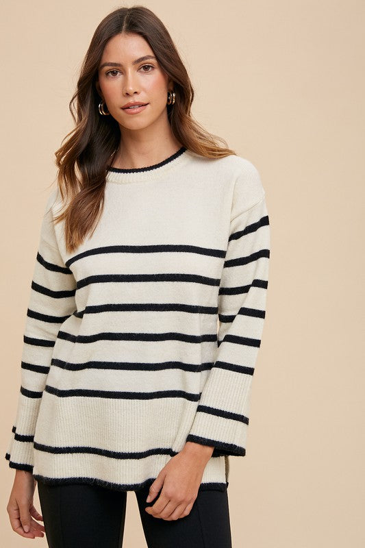 Annie Side Slit Striped Round Neck Sweater