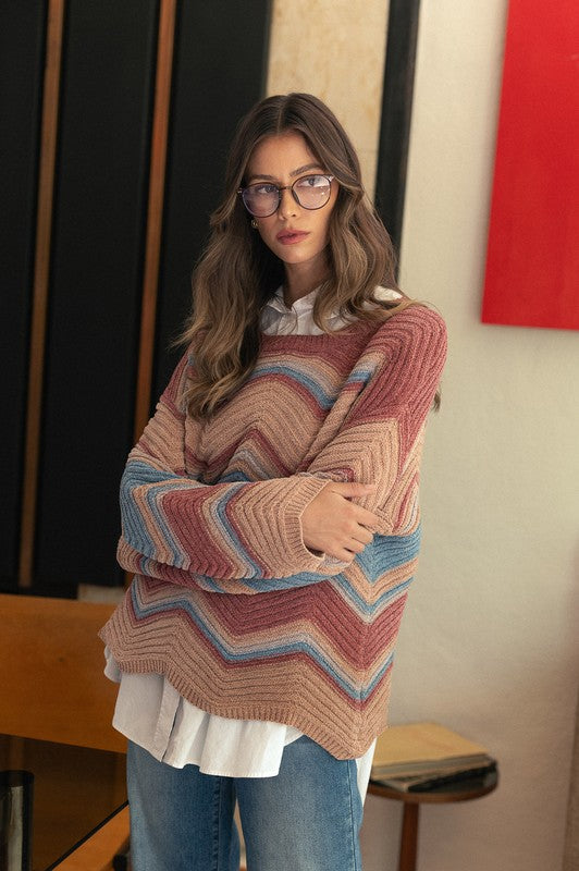 The Multi Color Zig-Zag Round Neck Sweater