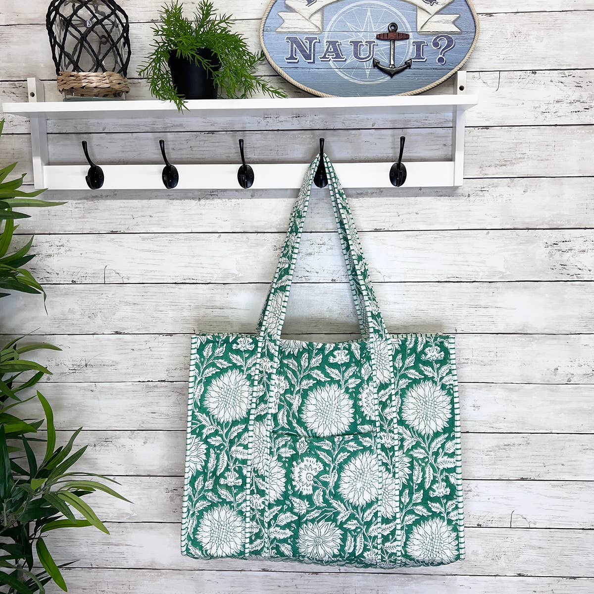 Teal Dan Quilted Block-Printed Tote