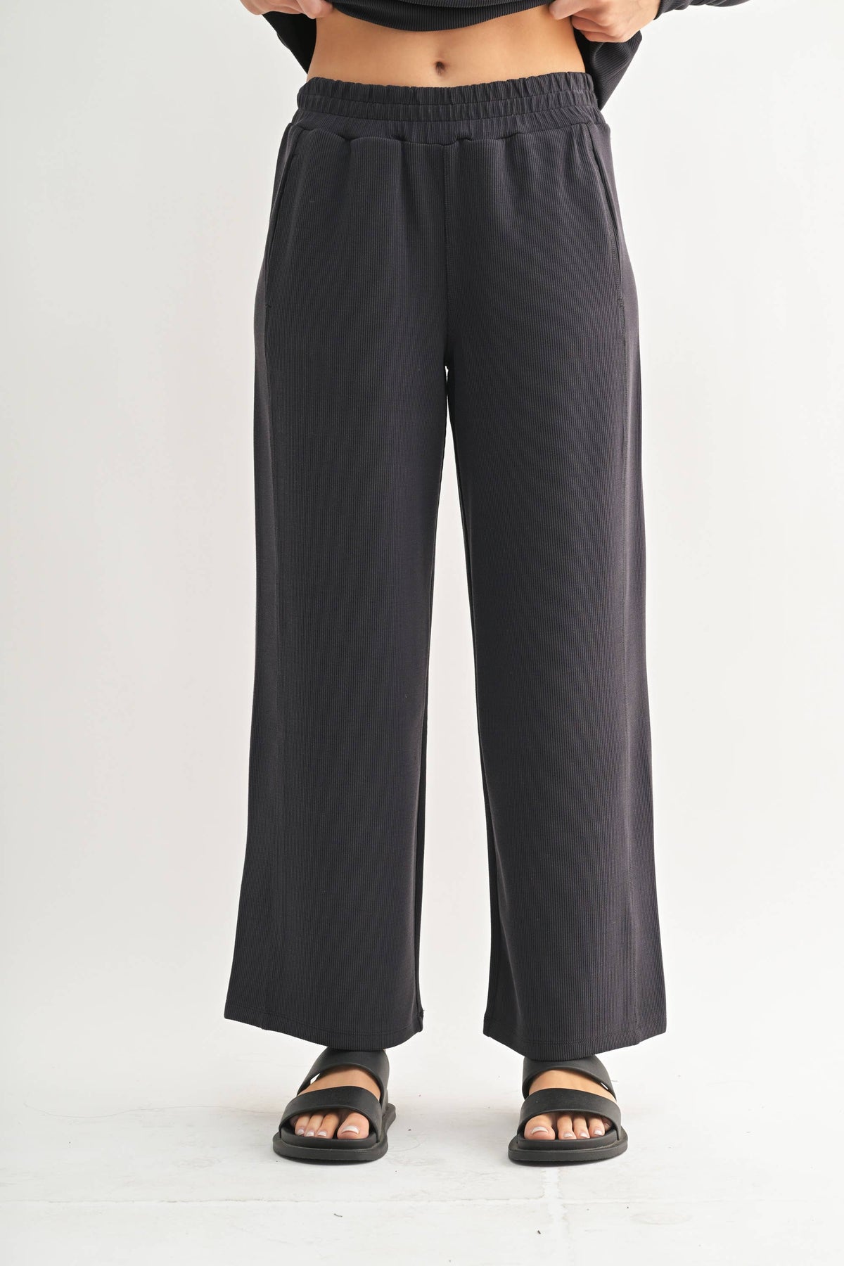 Luxe Black Wash Rib Wide-Leg Pants