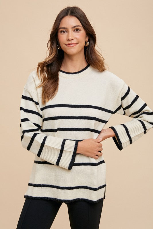Annie Side Slit Striped Round Neck Sweater