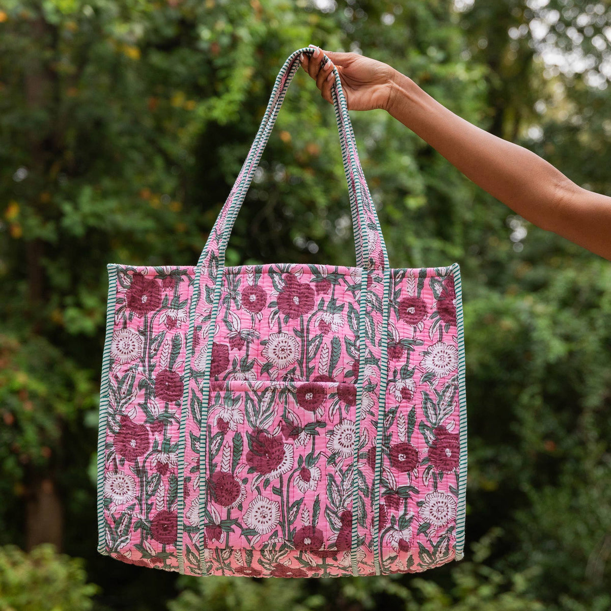 Fuchsia Bouquet Quilted Block-Printed Tote