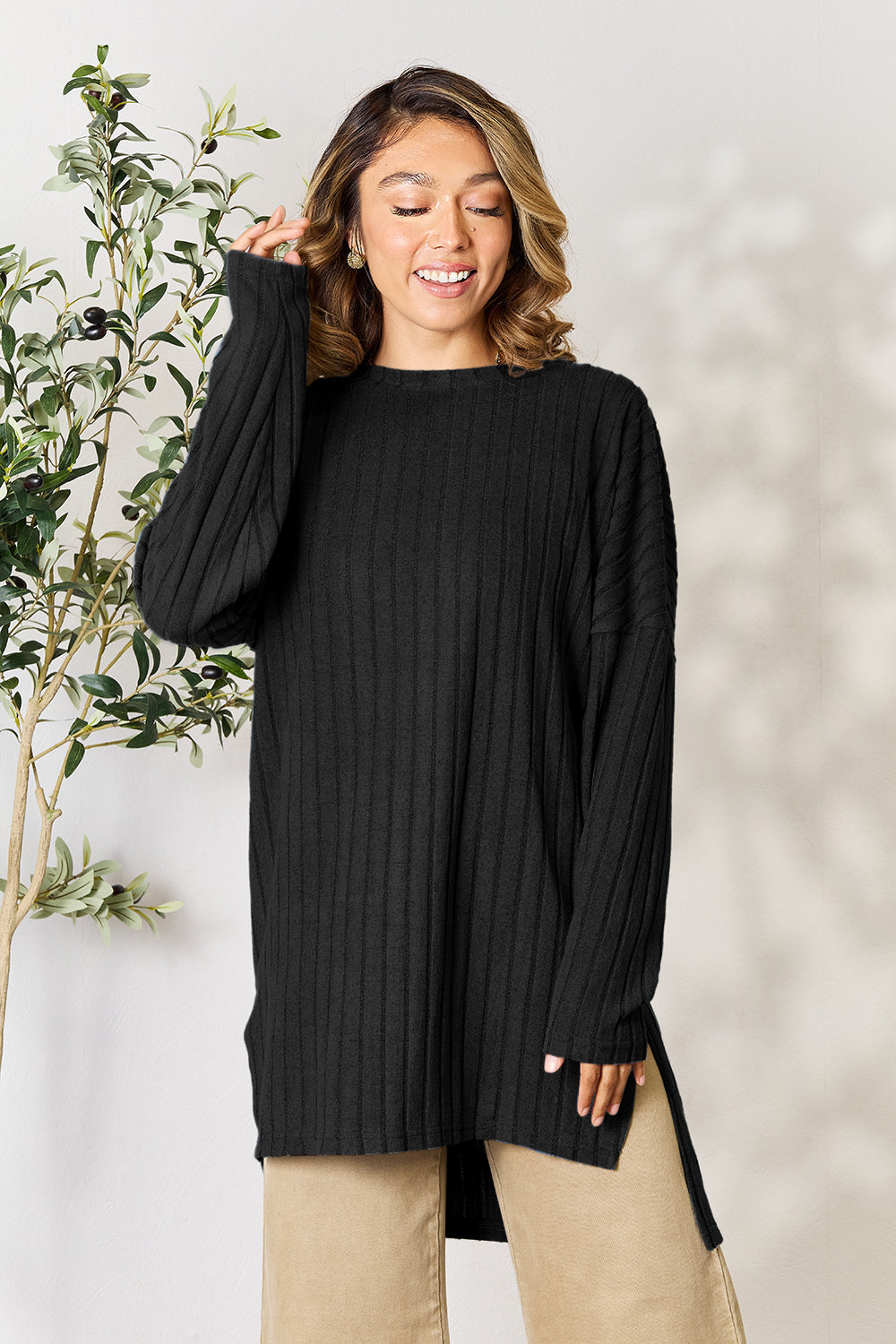 The Ribbed Round Neck Long Sleeve Slit Top