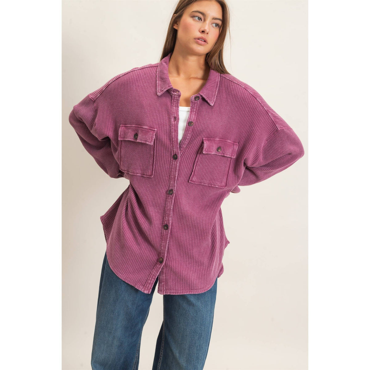 The Mineral Wash Waffle Knit Button-Up Shacket