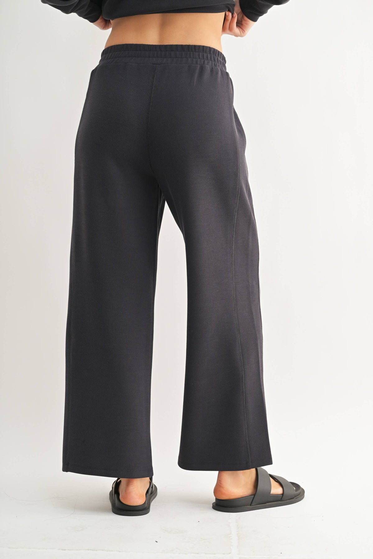 Luxe Black Wash Rib Wide-Leg Pants
