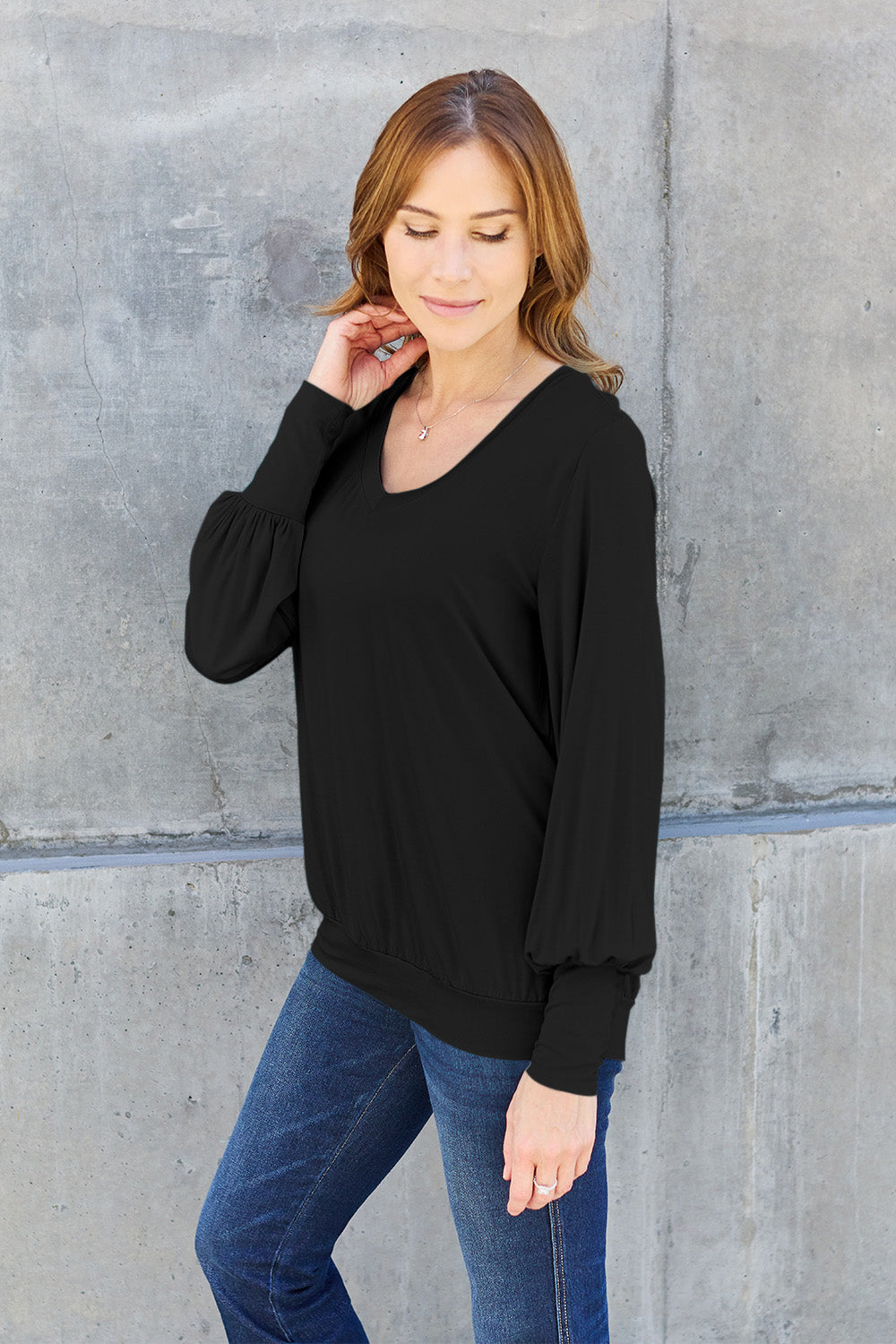 The Basic Bae Full Size V-Neck Lantern Sleeve Top