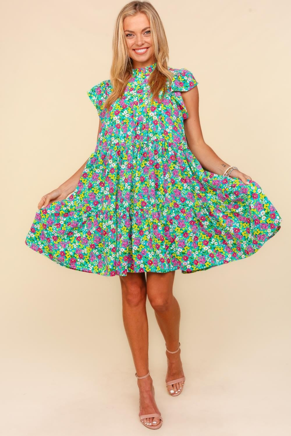 The Frilled Mock Neck Ditsy Floral Dress