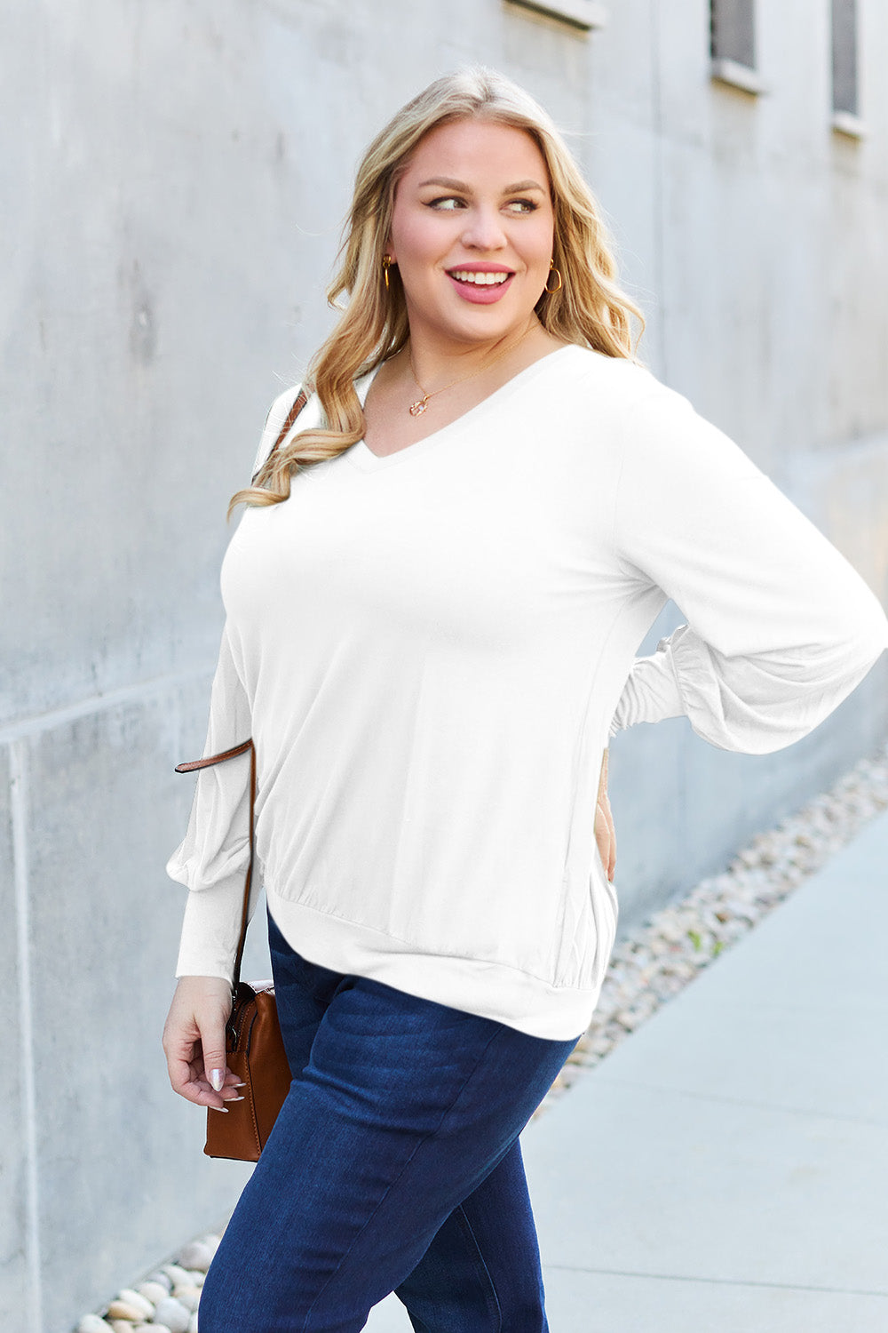 The Basic Bae Full Size V-Neck Lantern Sleeve Top