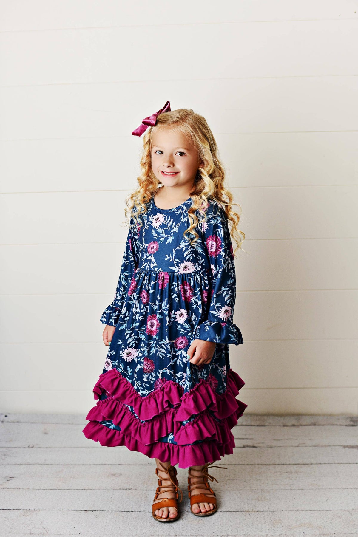 Kids Ruffle Dark Teal & Plum Floral Dress