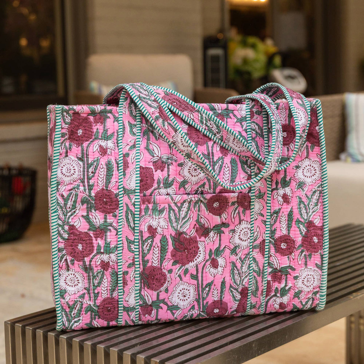 Fuchsia Bouquet Quilted Block-Printed Tote
