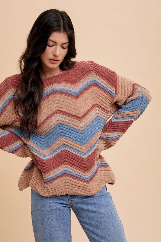 The Multi Color Zig-Zag Round Neck Sweater
