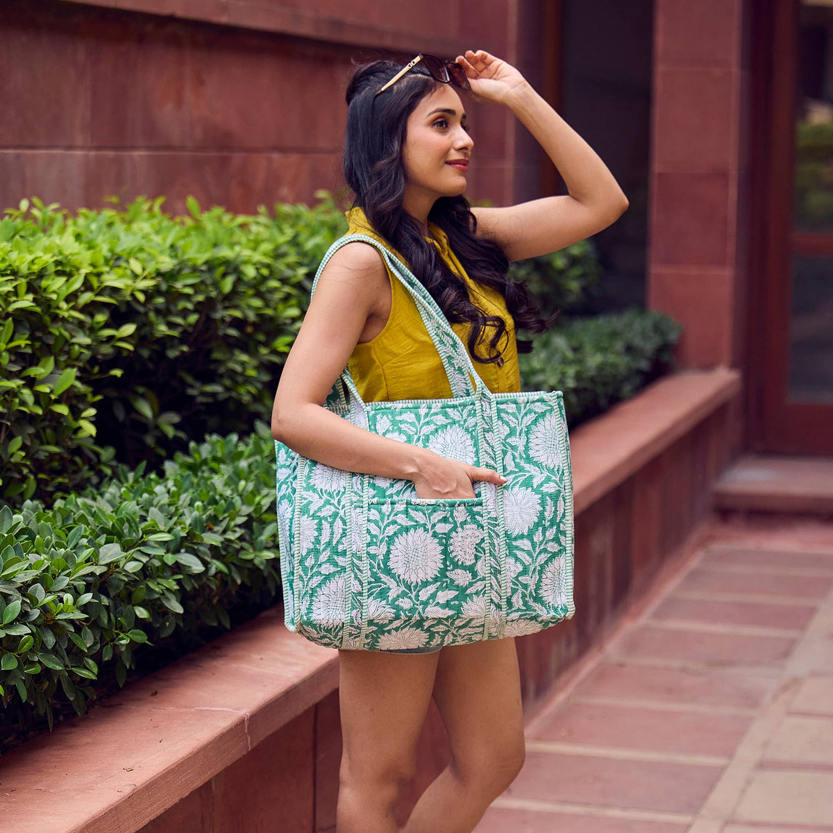 Teal Dan Quilted Block-Printed Tote