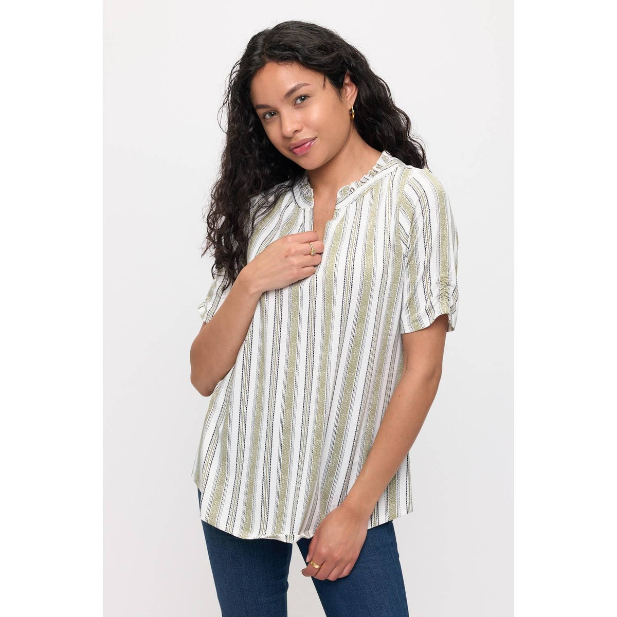 The Stripe Ruffle Neck Blouse