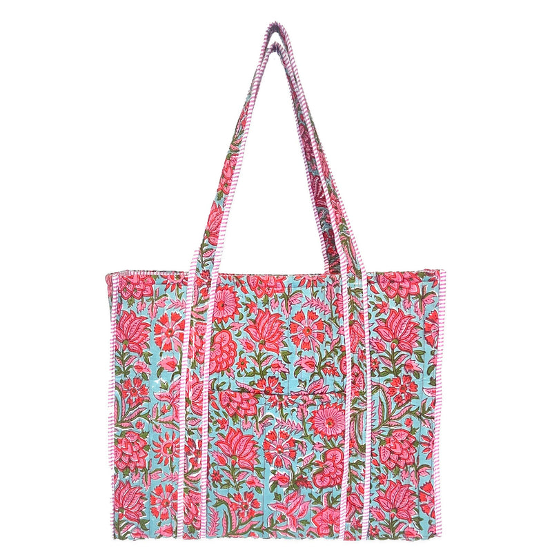 Pink Carnations Quilted Block-Printed Tote
