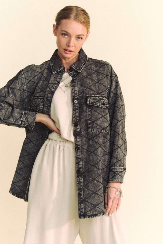 The Curved Hem Diamond Quilted Button Up Denim Shacket