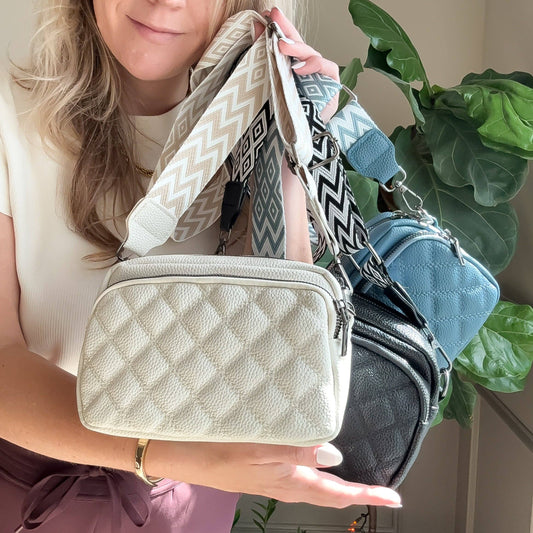 Quilted Crossbody with Embroidered Strap in Cream