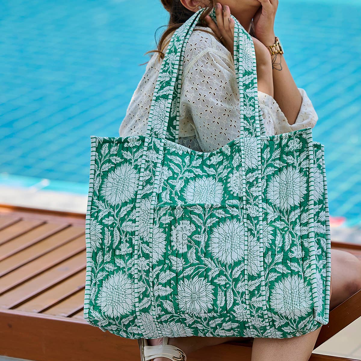 Teal Dan Quilted Block-Printed Tote