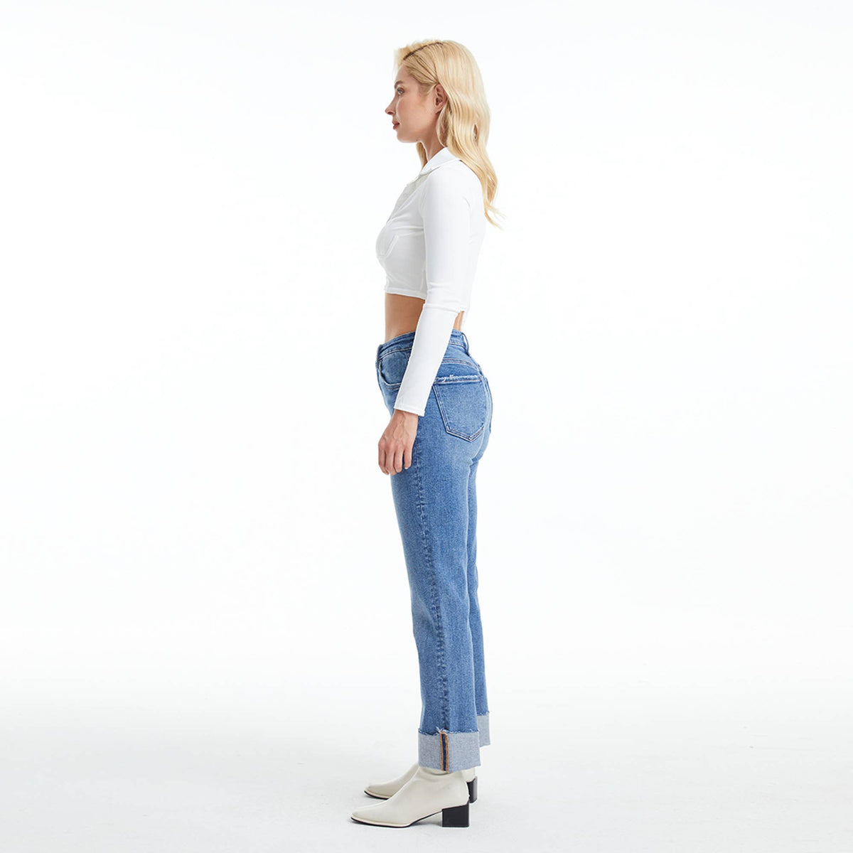 High Rise Straight Leg Denim Jeans with Rolled Hem