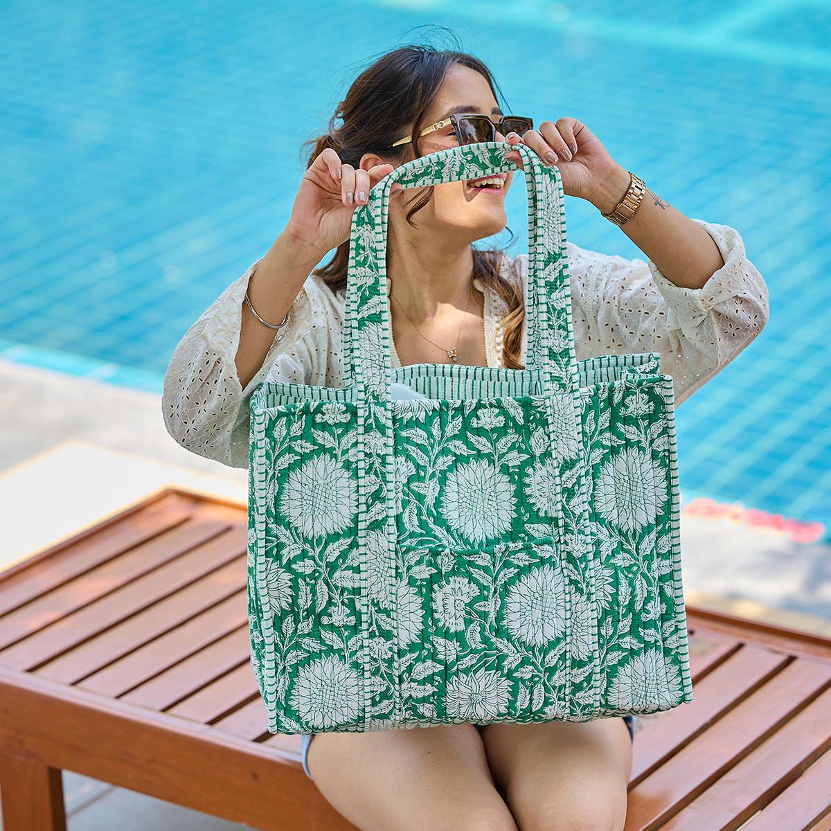 Teal Dan Quilted Block-Printed Tote