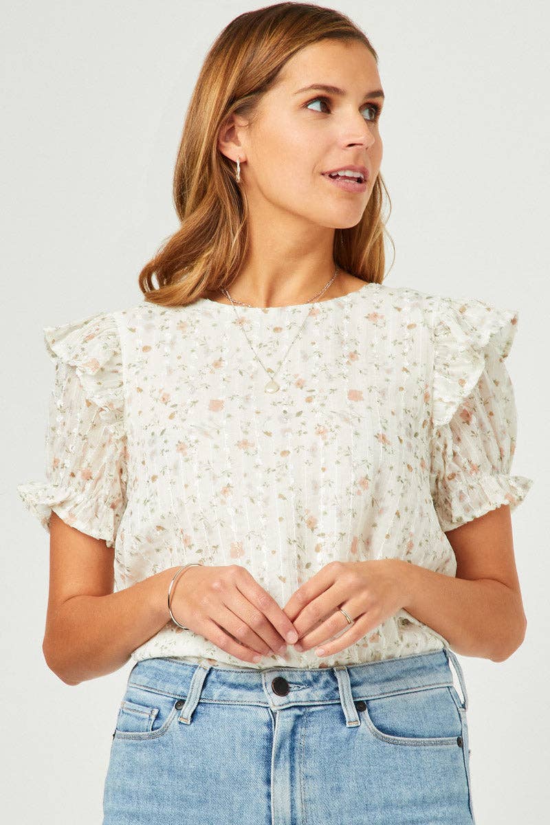 The Textured Lurex Detail Printed Ruffle Top