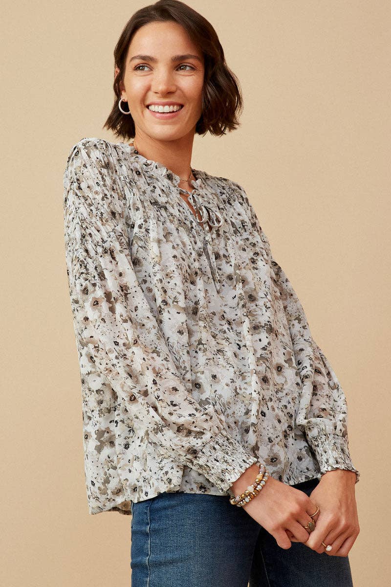 The Tie Front Smocked Detail Floral Top