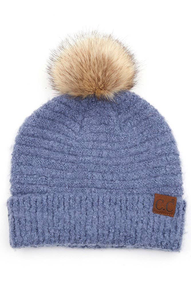 C.C Solid Boucle Yarn Beanie Pom Winter Hat