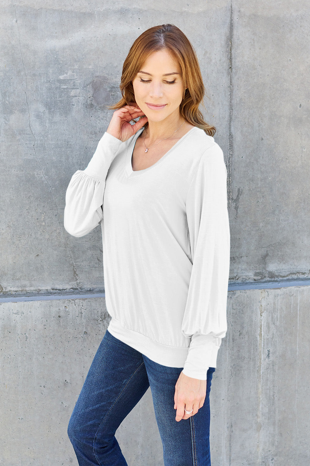 The Basic Bae Full Size V-Neck Lantern Sleeve Top