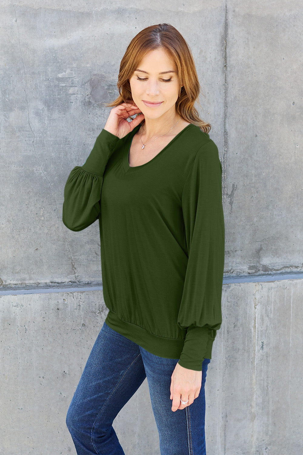 The Basic Bae Full Size V-Neck Lantern Sleeve Top