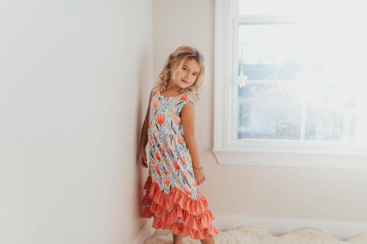Kids Peach Dot Floral Dress