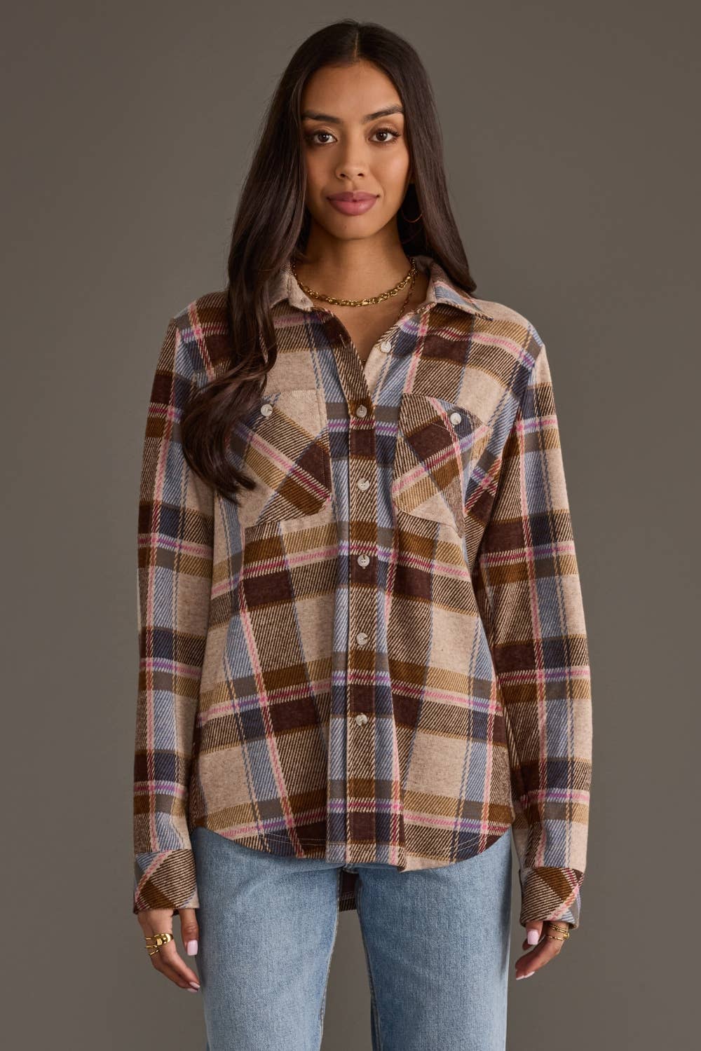 Dk. Brown, Blue & Pink Plaid Button Up