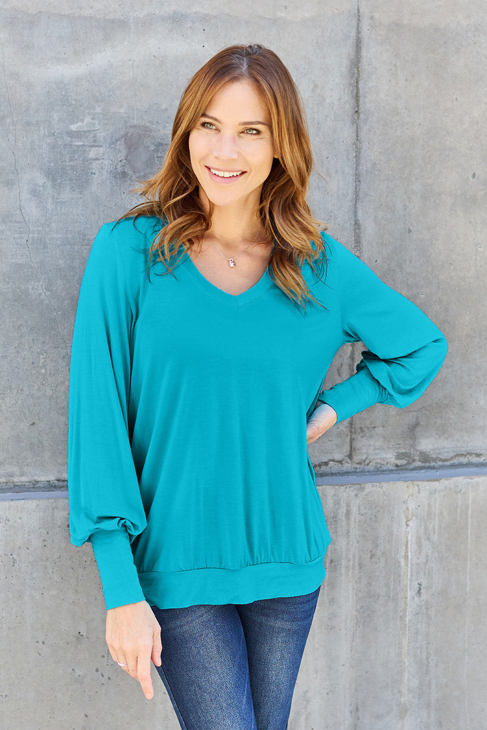 The Basic Bae Full Size V-Neck Lantern Sleeve Top